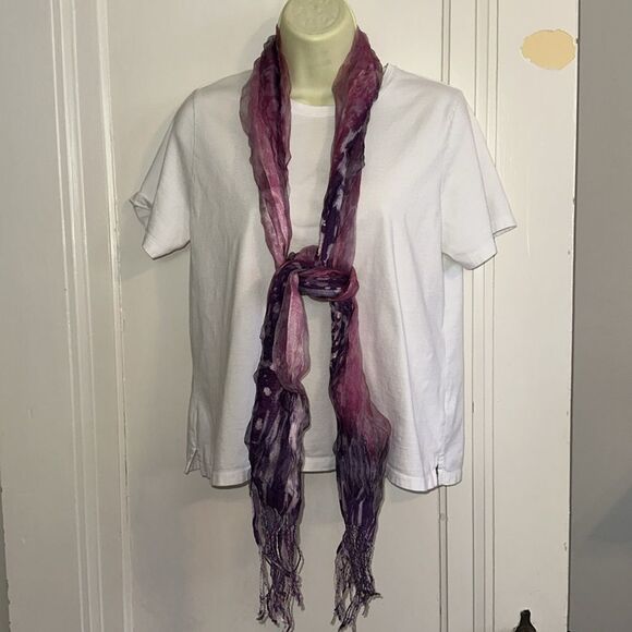 Purple, pink & white long double layer crinkle scarf or belt with fringe hem - Picture 1 of 7